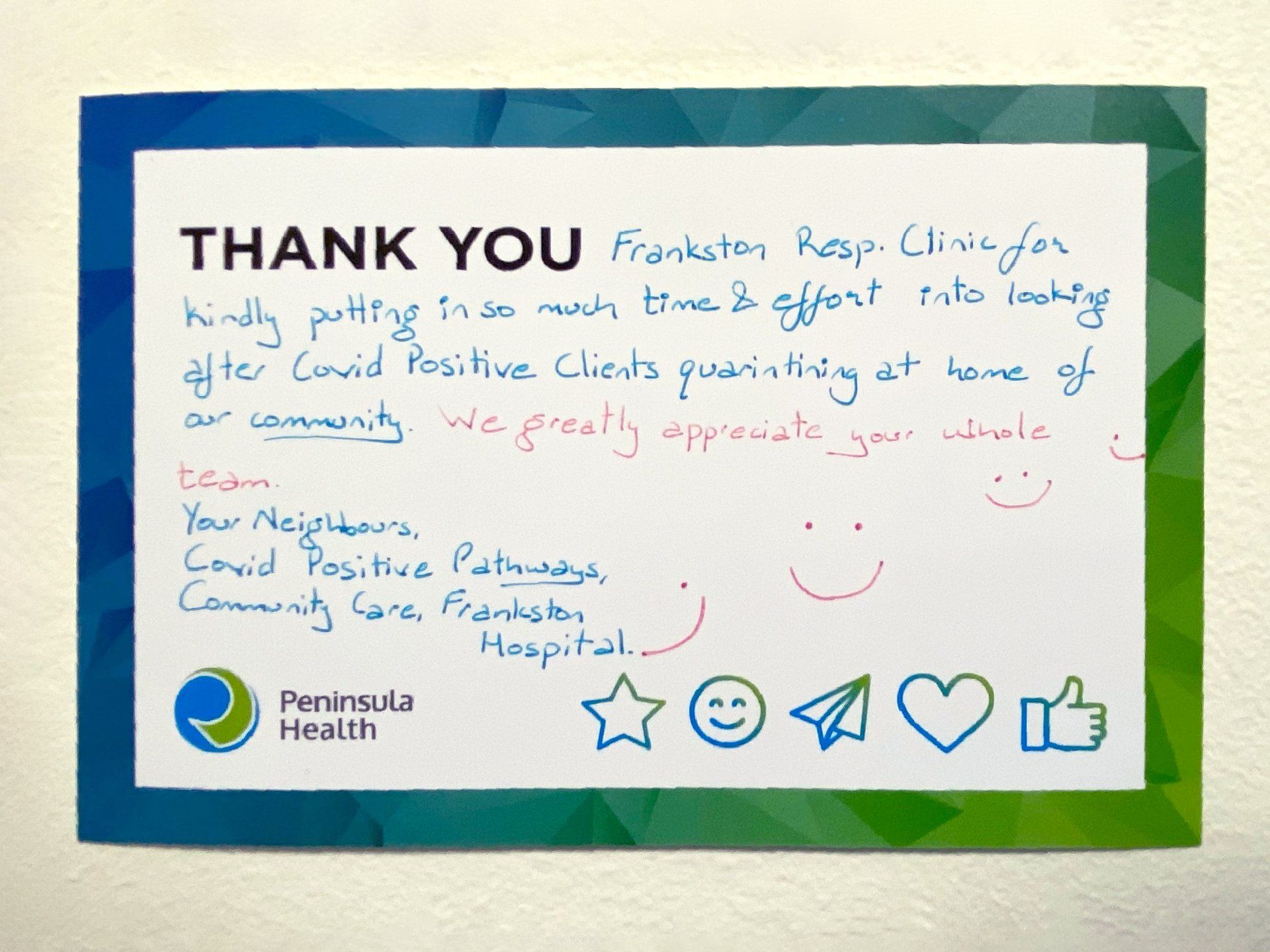 Thank you message from Peninsula Health to Frankston Respiratory Clinic