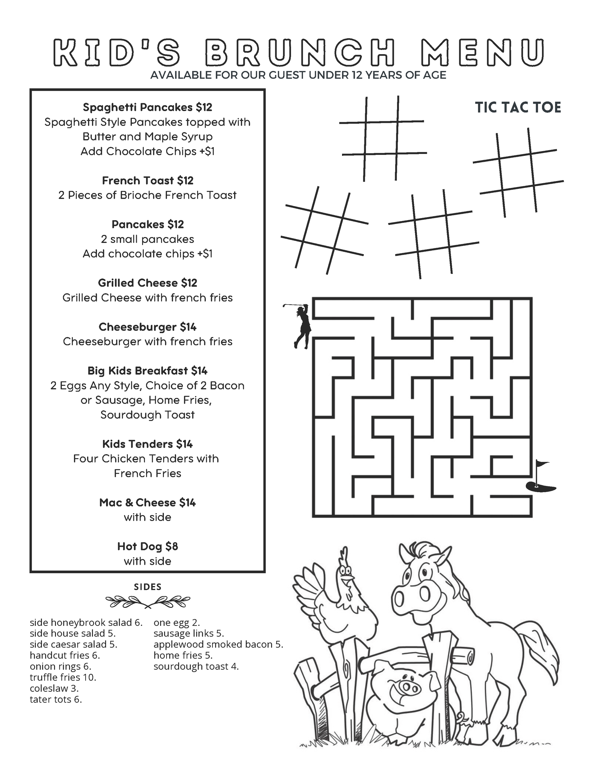 A kid 's brunch menu with a maze and a horse on it.