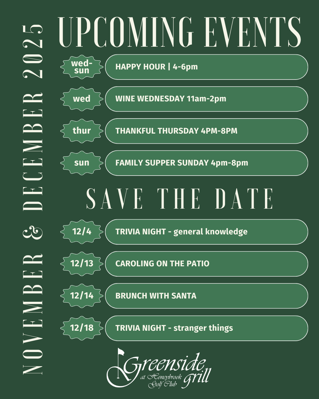 A poster for wine wednesday at greenside grill