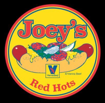 Joey's Red Hots logo: yellow and red circular design with a hotdog topped with ingredients, including the Vienna Beef logo.