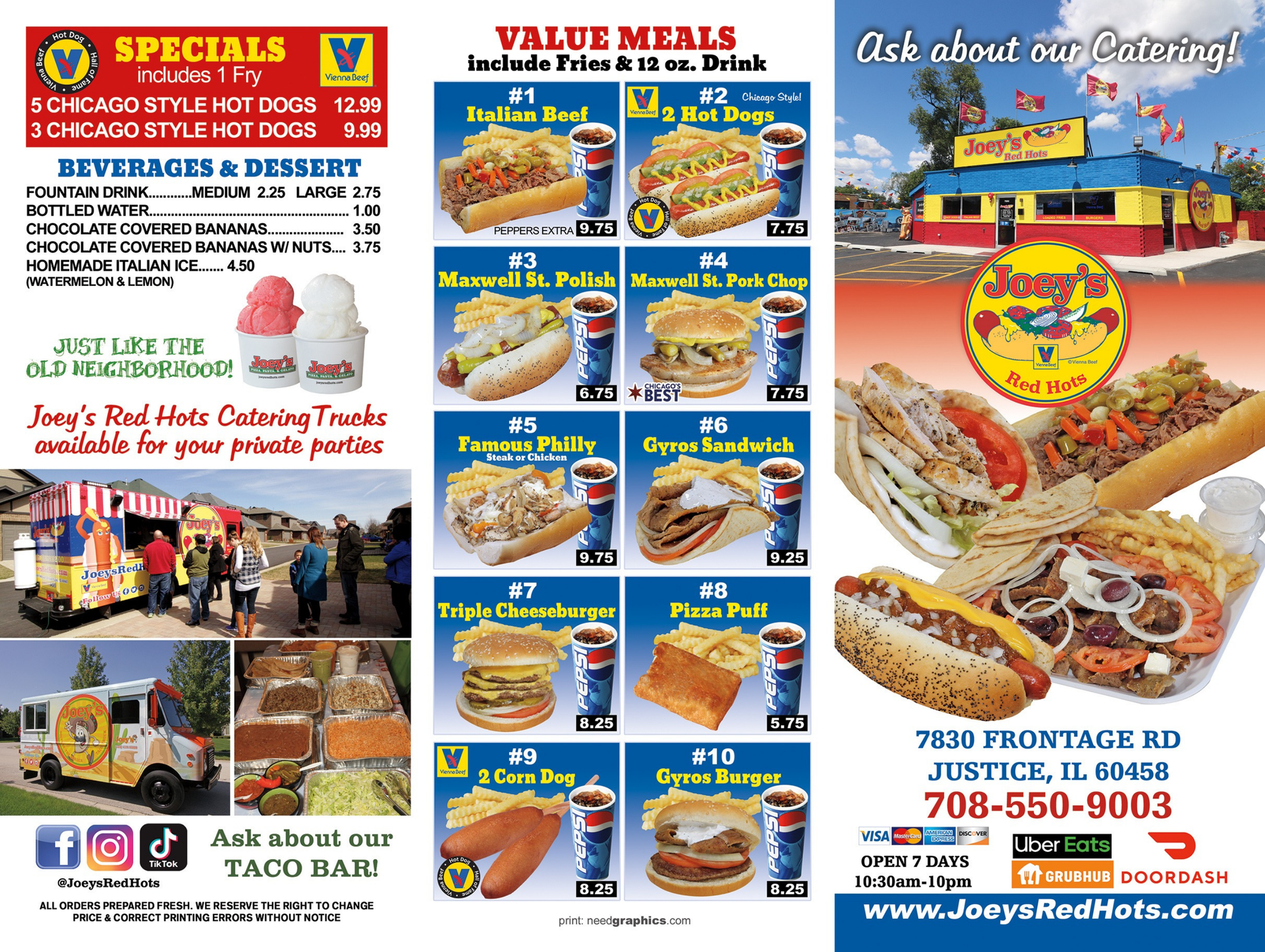 Joey's Red Hots menu with value meals and specials, featuring food and a restaurant exterior.