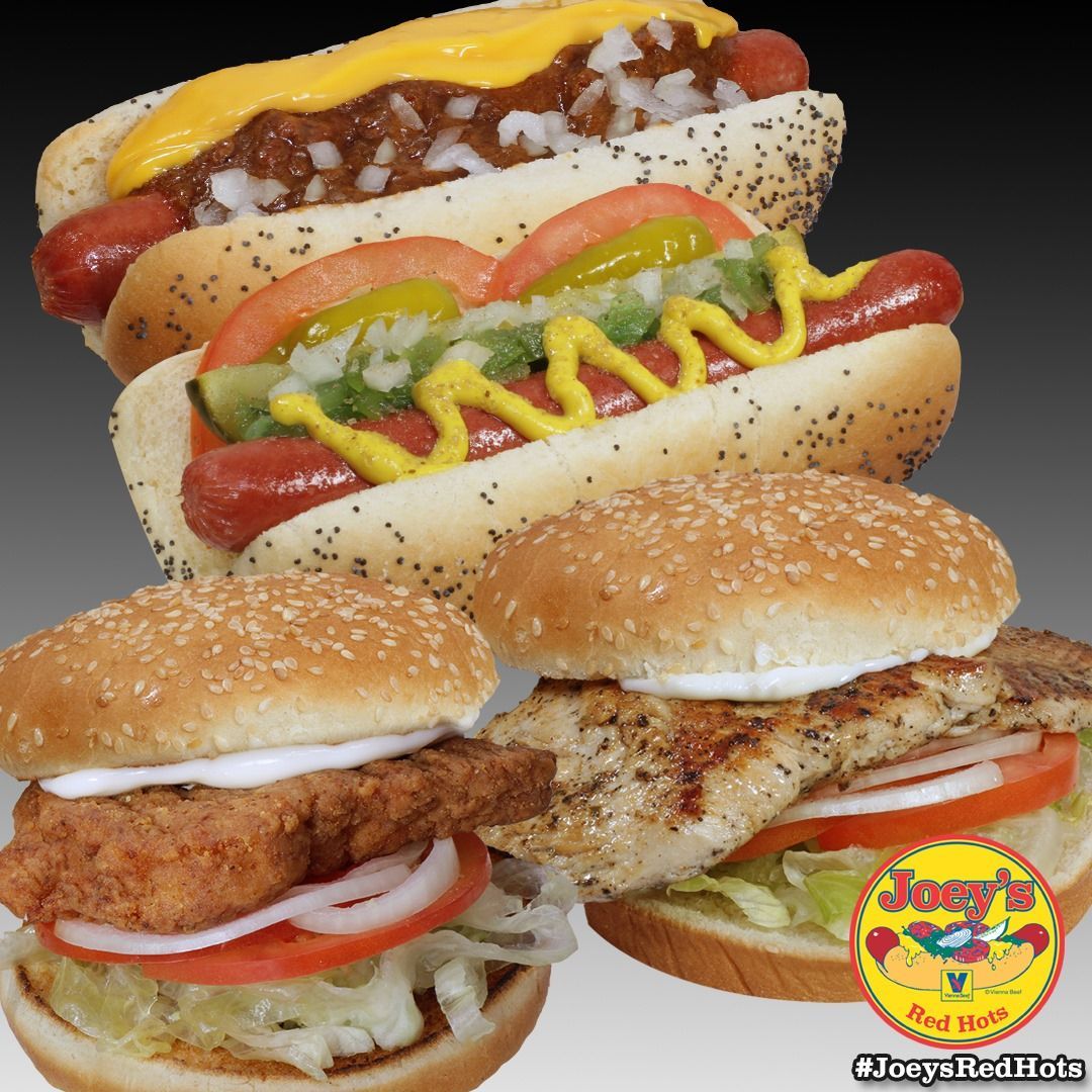 Hot dogs and sandwiches: chili dog, mustard dog, fried chicken sandwich, grilled chicken sandwich.