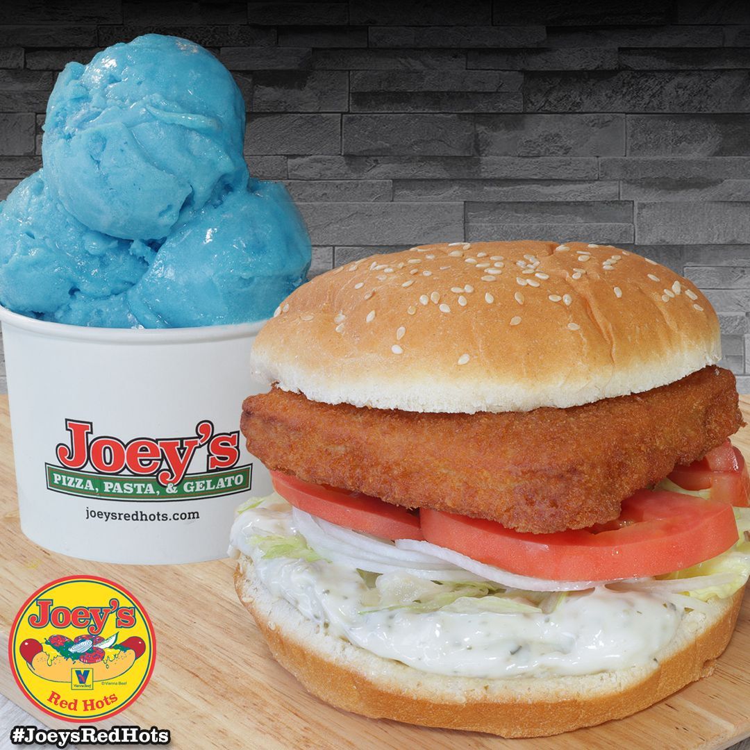 Fish sandwich and blue gelato from Joey's Pizza, Pasta, & Gelato.