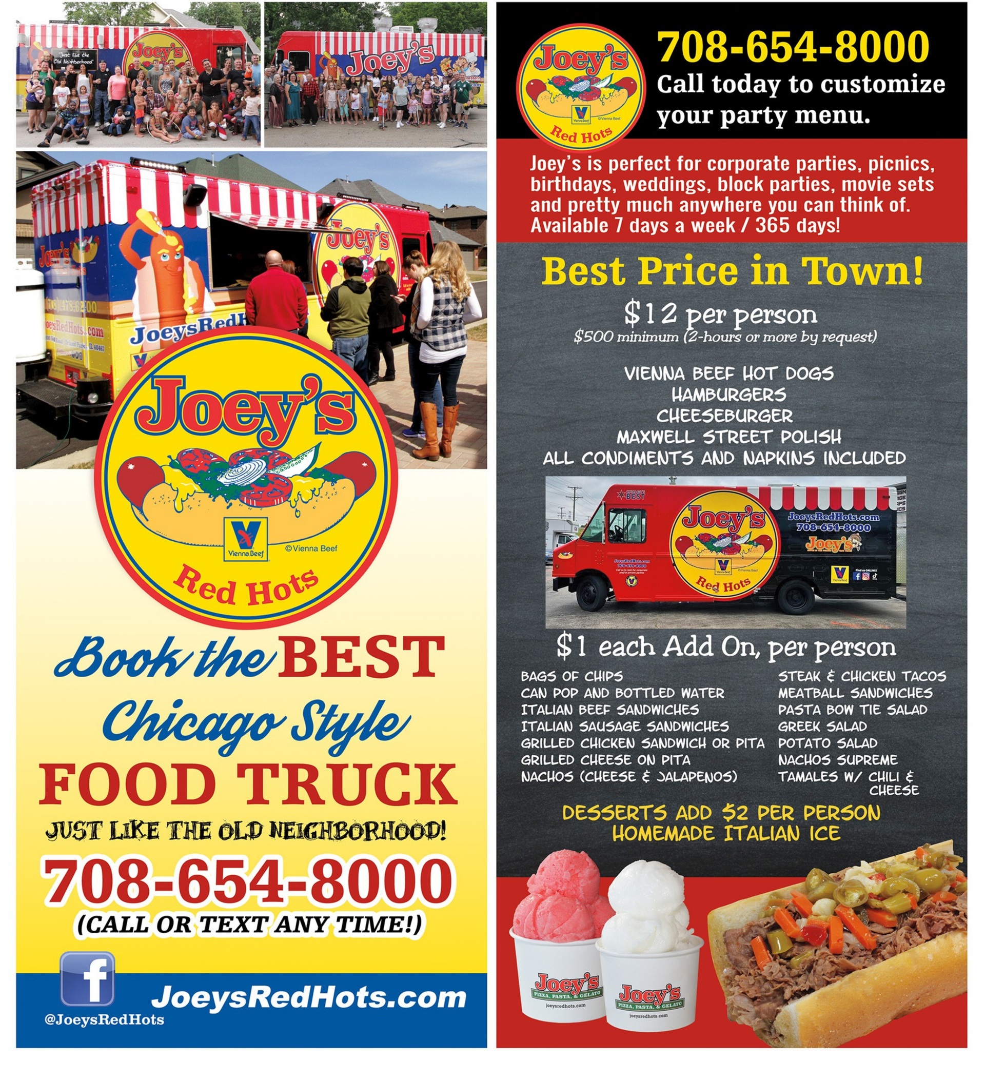 Advertisement for Joey's Red Hots food truck offering Chicago-style food. Includes photos, pricing, and contact info.