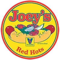 Joey's Red Hots logo: hot dog with toppings, red text on yellow circle, Vienna Beef logo.