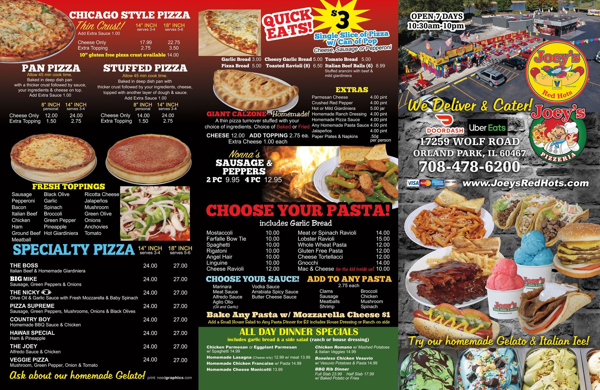 Restaurant menu with pizza, pasta, and other dishes for takeout and dine-in.