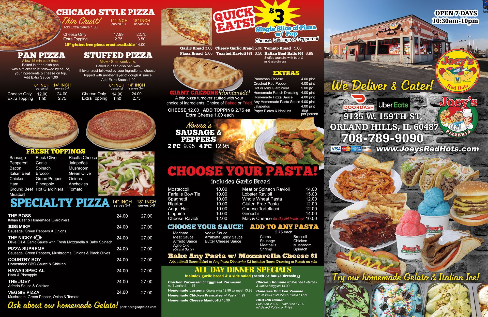 Restaurant menu with pizza, pasta, and other dishes for takeout and dine-in.