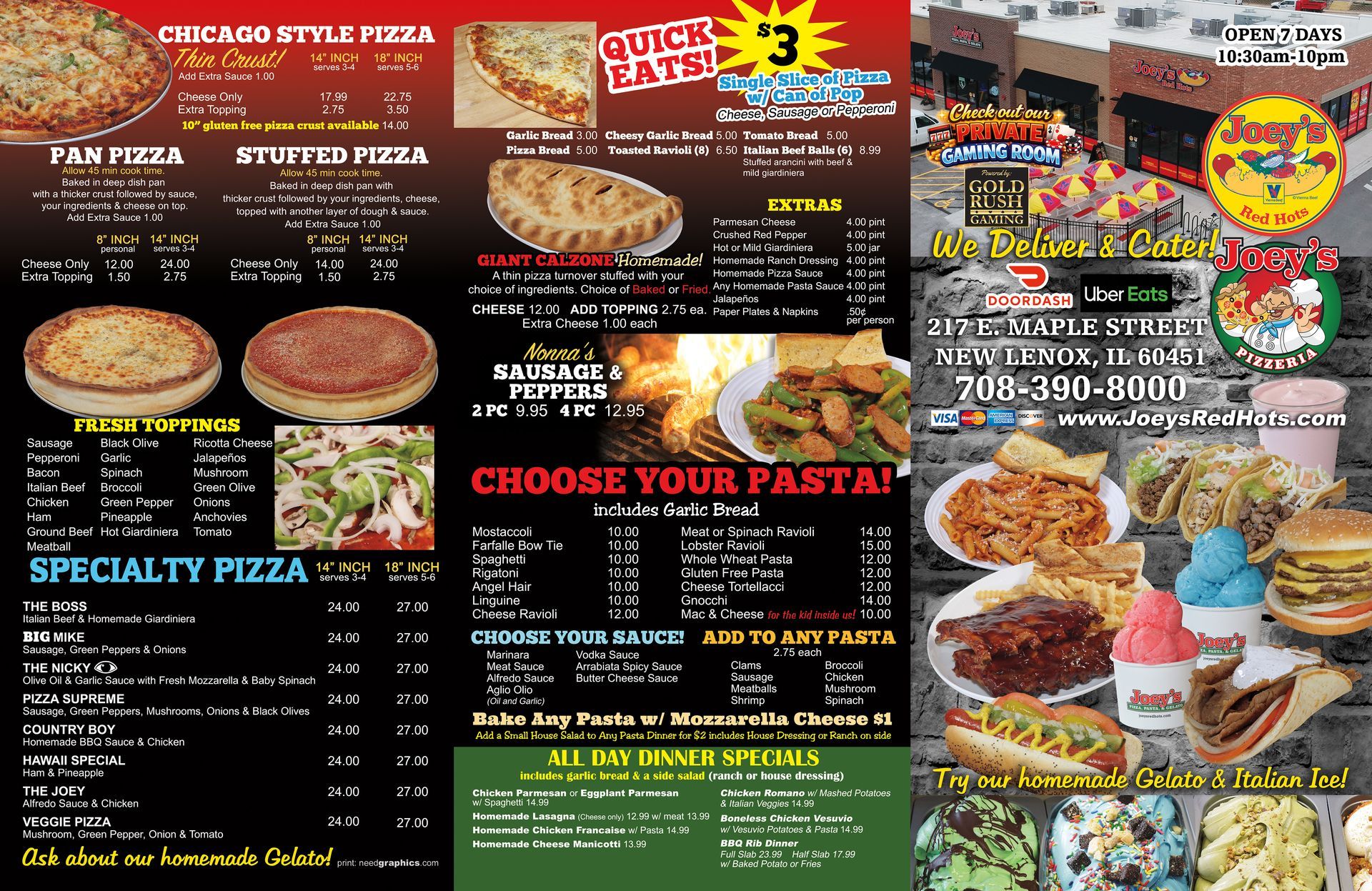 Restaurant menu featuring pizza, pasta, and other dishes. Includes images and pricing.