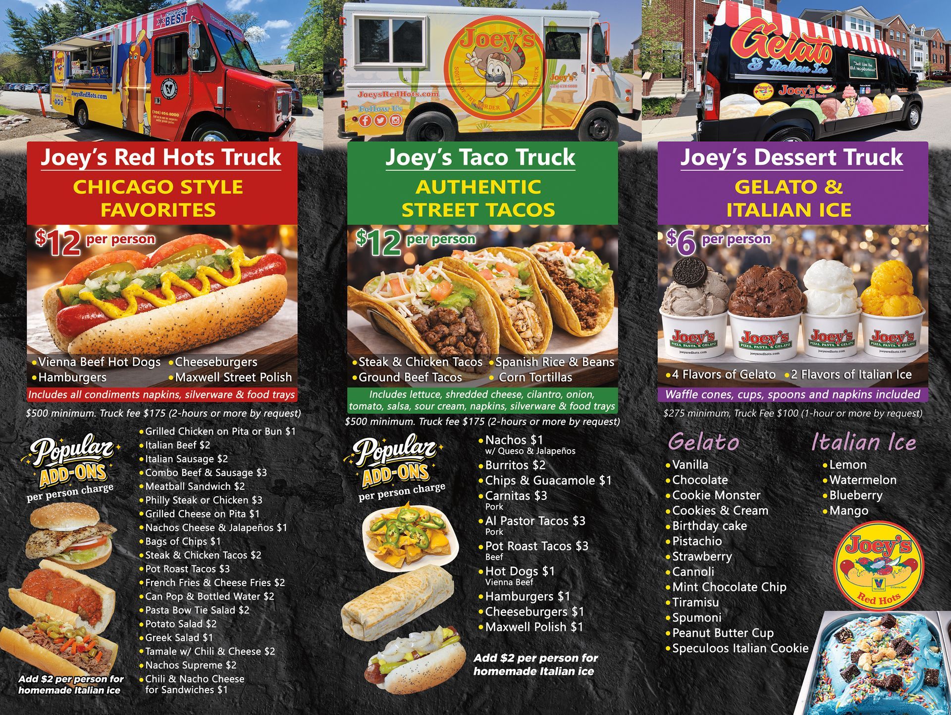 Food truck menu: tacos, rice, beans, tortillas; add-ons include hot dogs. 