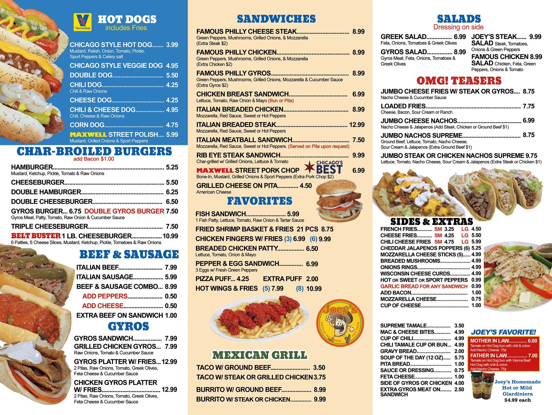 Restaurant menu with food photos and a catering truck.