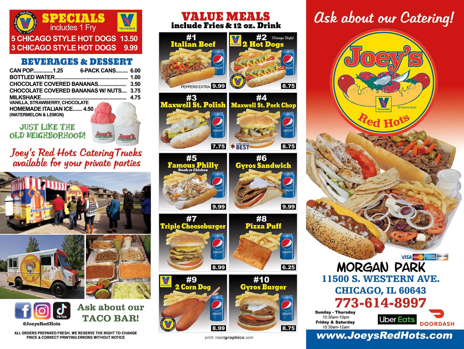 Joey's Red Hots menu: Hot dogs, value meals, specials, catering, and images of food.