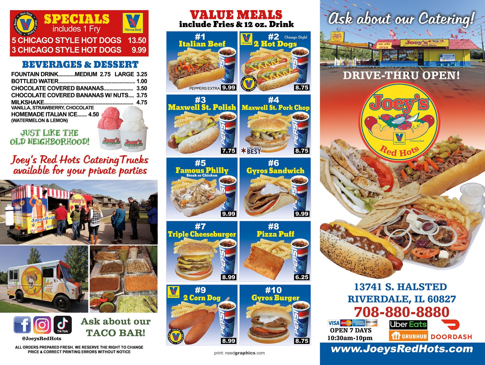 Restaurant menu with food photos and a catering truck.