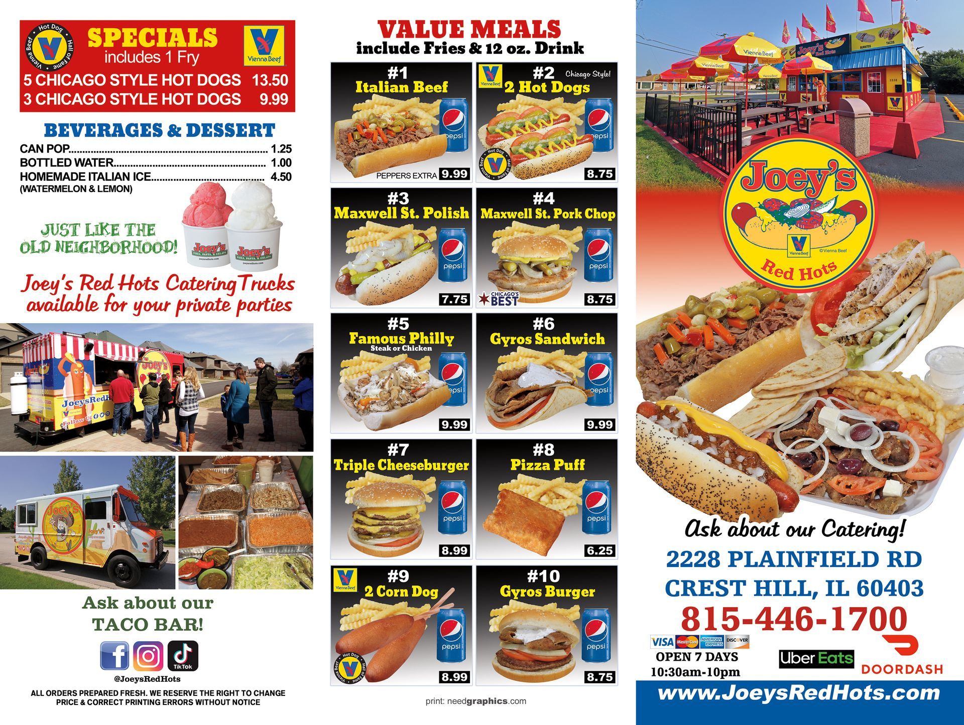 Menu for Joey's Red Hots food truck. Includes specials, value meals, beverages, and desserts.