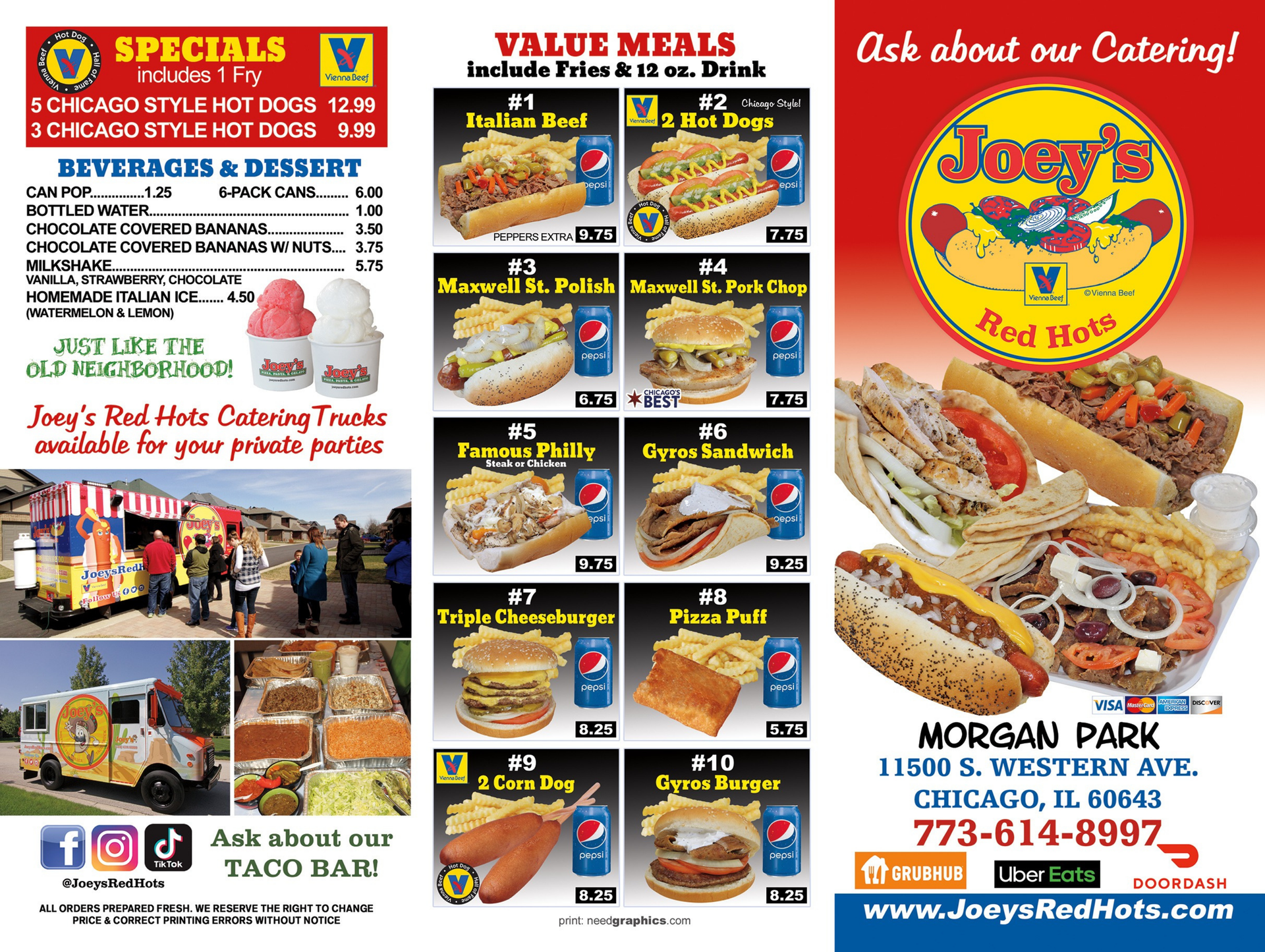 Joey's Red Hots menu: Hot dogs, value meals, specials, catering, and images of food.