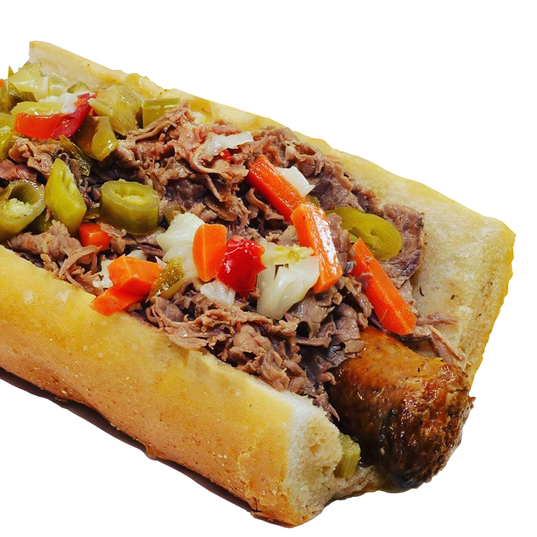 Chicago-style Italian beef sandwich in a split roll, topped with peppers and onions.