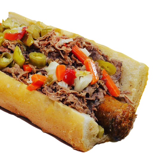 Chicago-style Italian beef sandwich in a split roll, topped with peppers and onions.