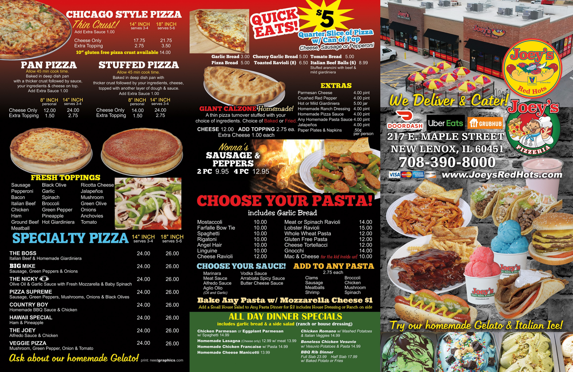 Restaurant menu featuring pizza, pasta, and other dishes. Includes images and pricing.