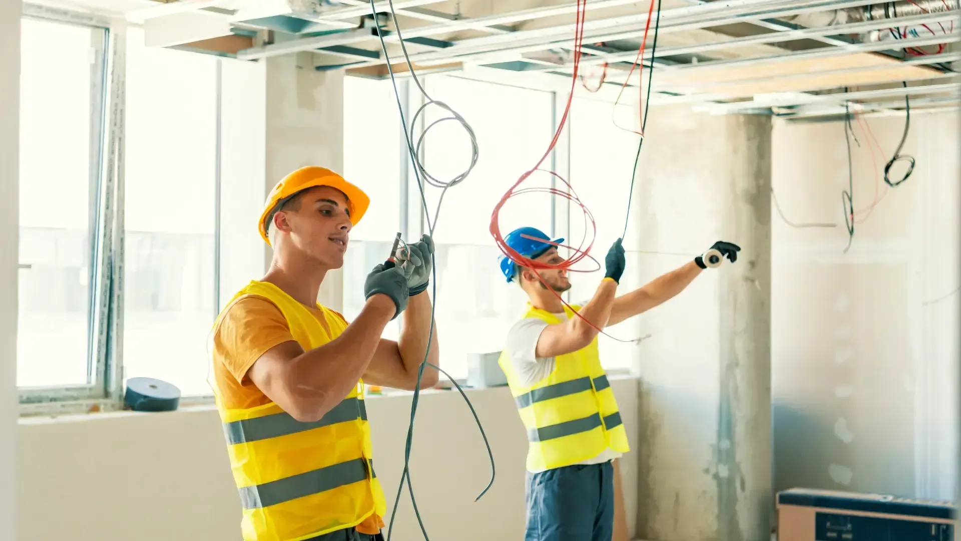 Two construction workers are working on the ceiling of a building.