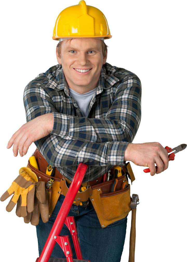 A man wearing a hard hat is leaning on a ladder