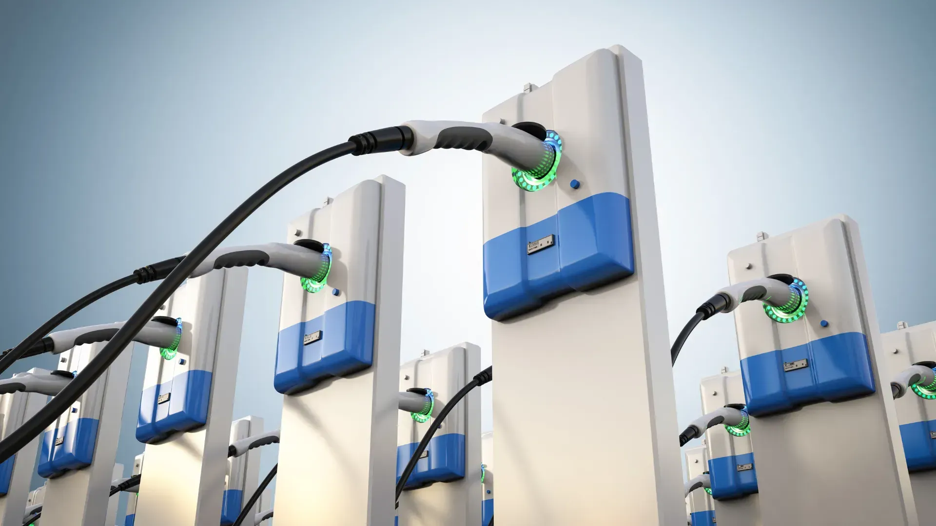A bunch of electric cars are being charged at a charging station.