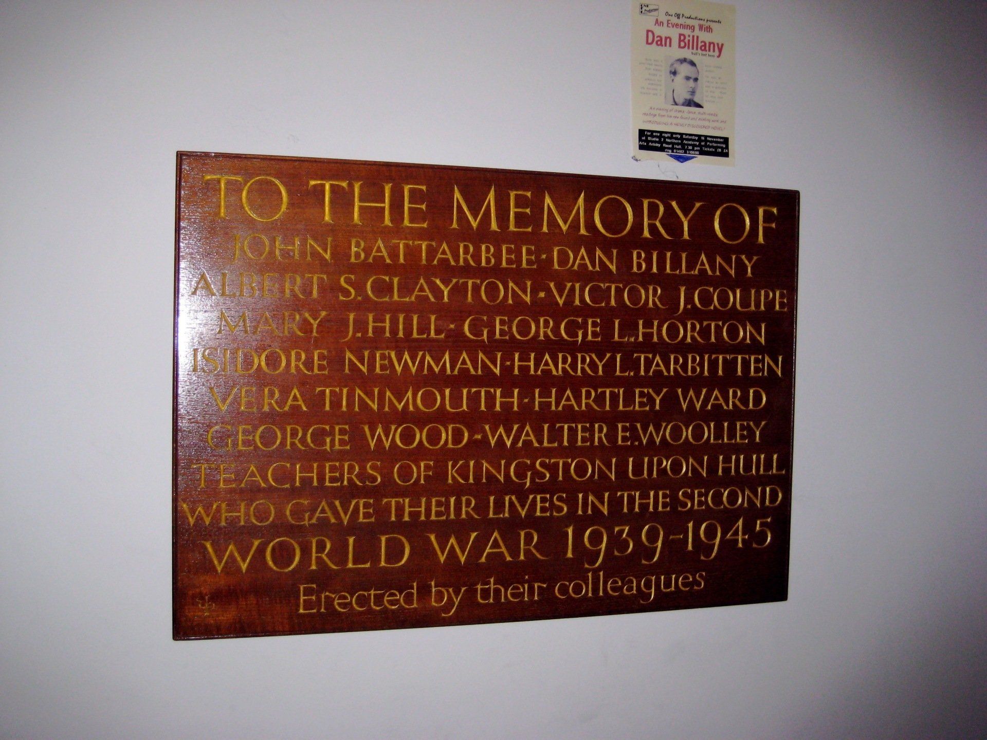 Ta plaque erected in memory of teachers, including Dan Billany who gave their lives in WW2