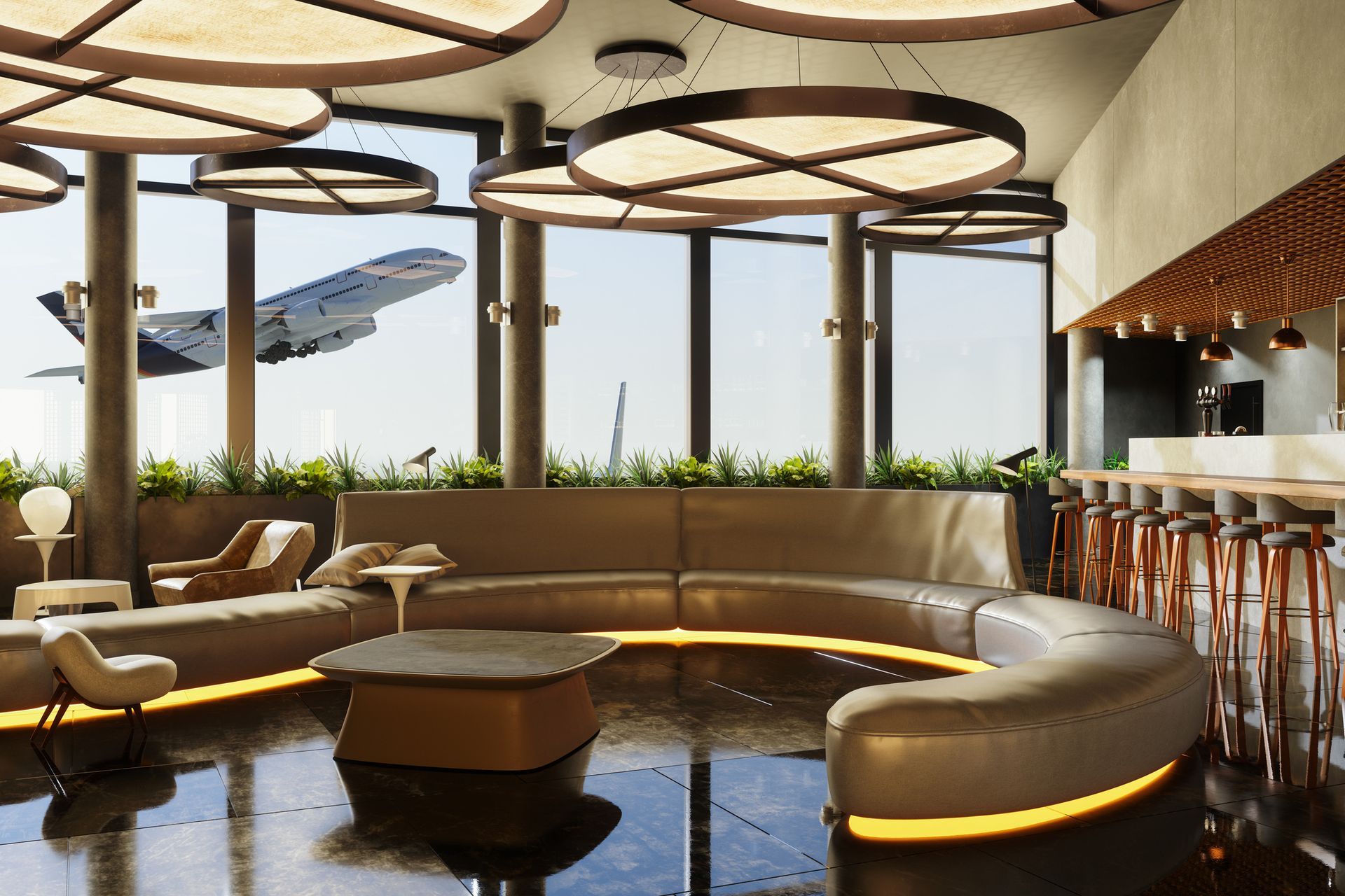 Lounge with circular seating and airplane taking off outside large windows. Lounge with circular seating and airplane taking off outside large windows.