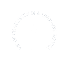 a white circle with the words dj & limousine service written inside of it CHARLESTON SC