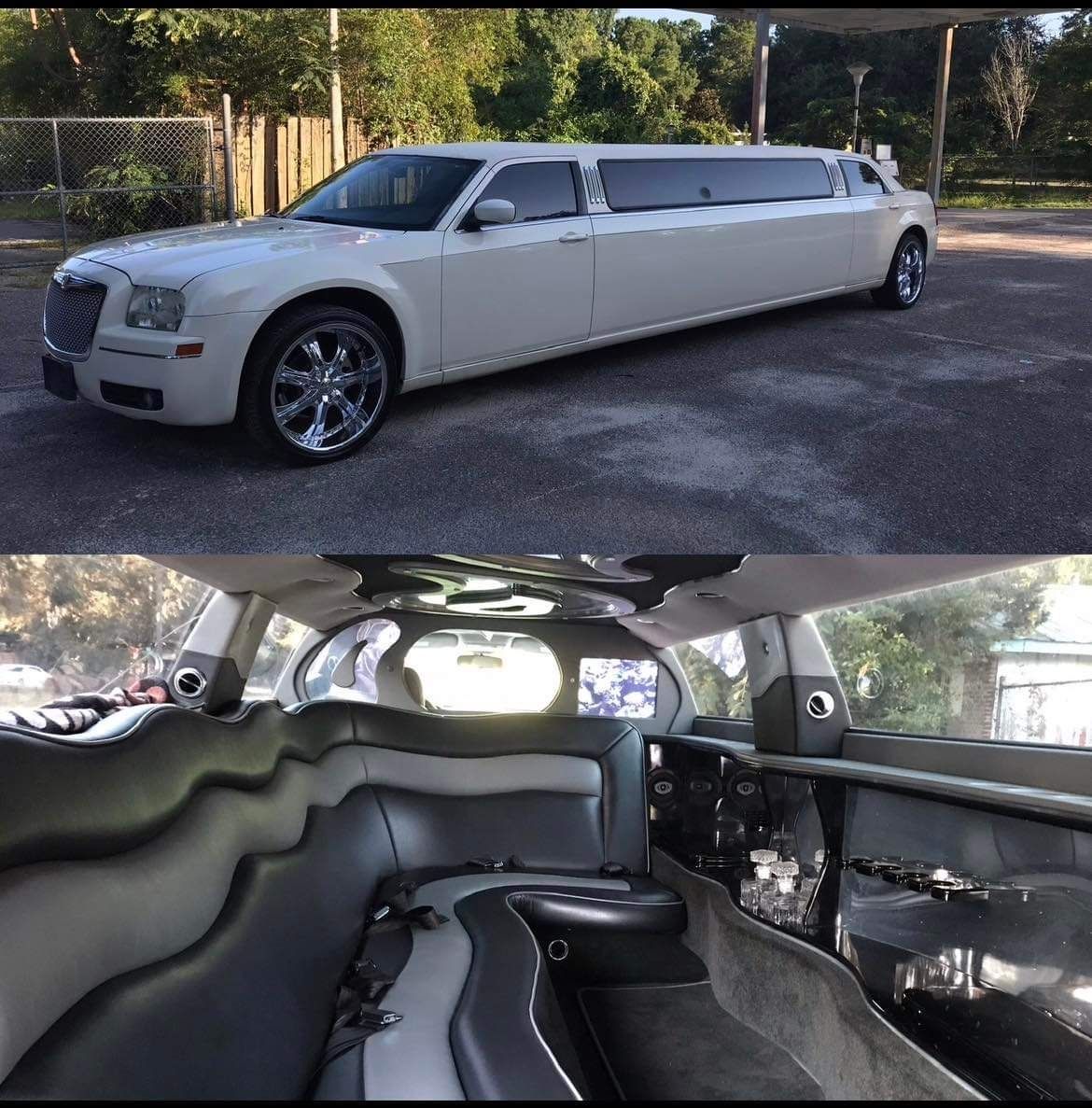 a white limousine is parked in a parking lot