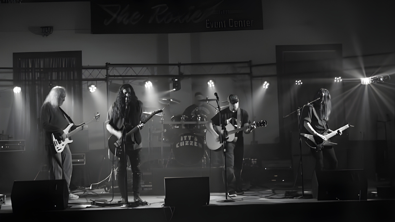 Band performing live on stage under spotlights. Musicians with guitars, drums visible. Black and white.