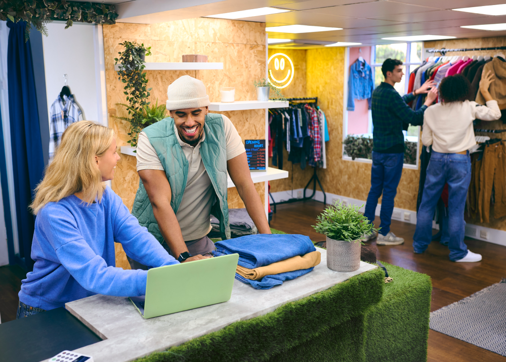 A man and a woman are sitting at a table in a clothing store.