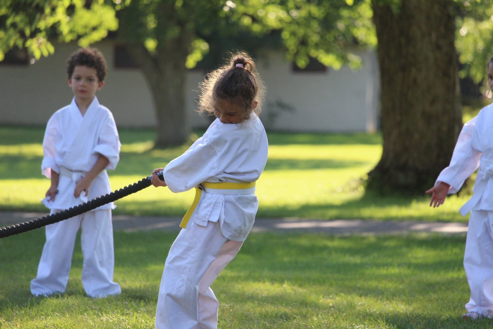 A group of young children are practicing karate in a park.