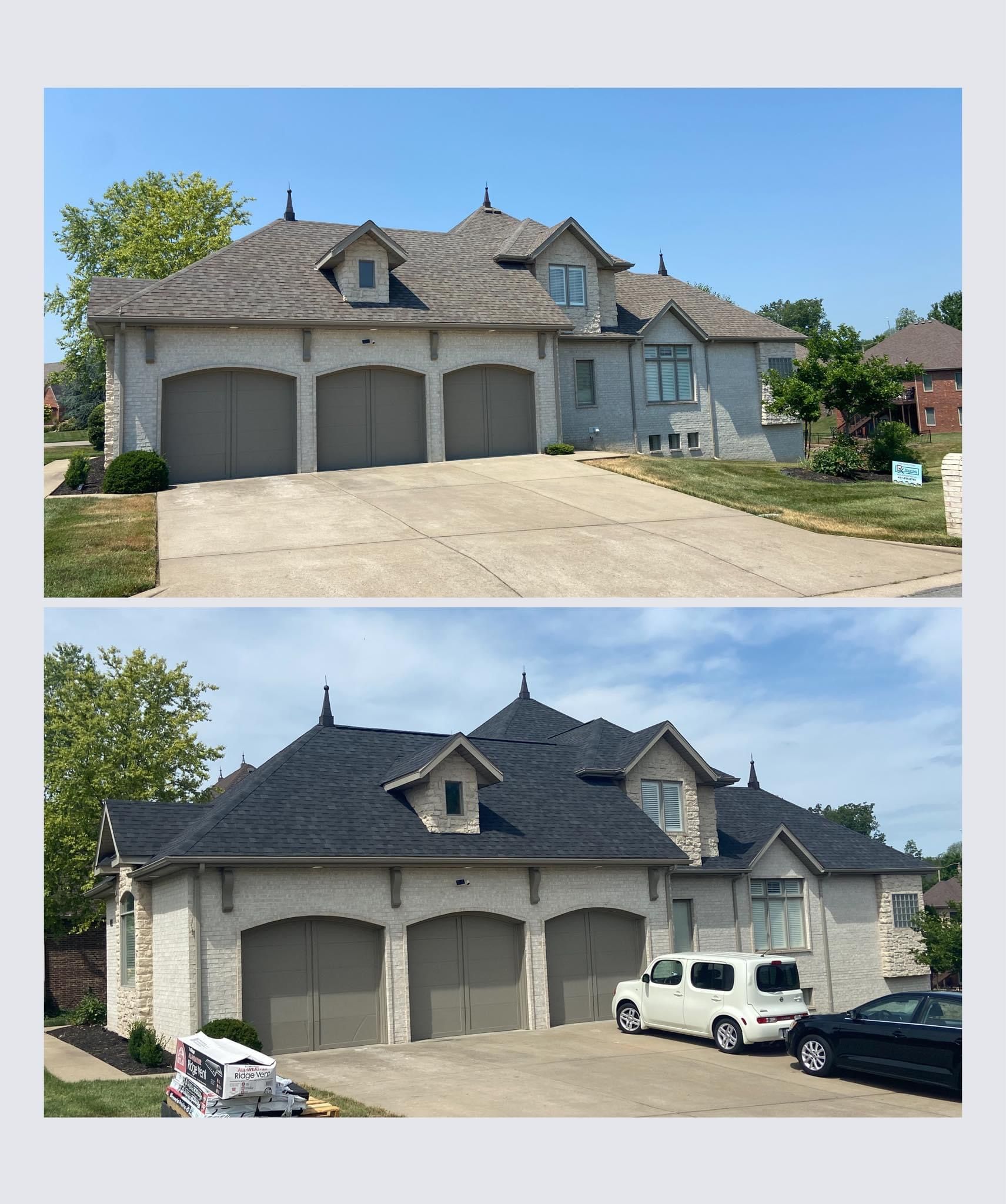 A before and after picture of a house with a black roof.