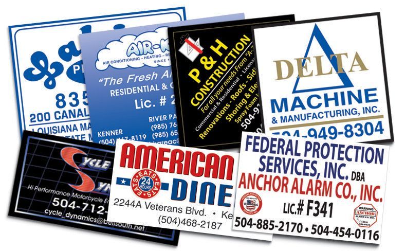 A collage of business cards including one for delta machine and federal protection services