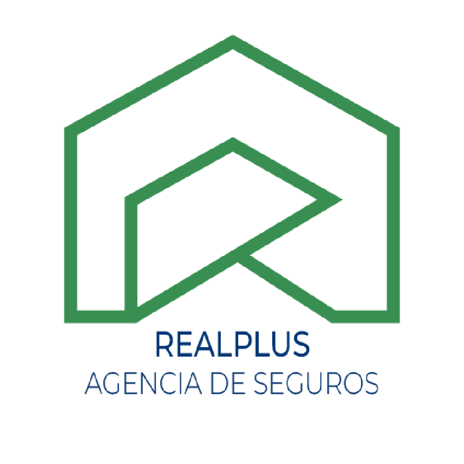 Logotipo geométrico verde para la agencia de seguros Realplus.