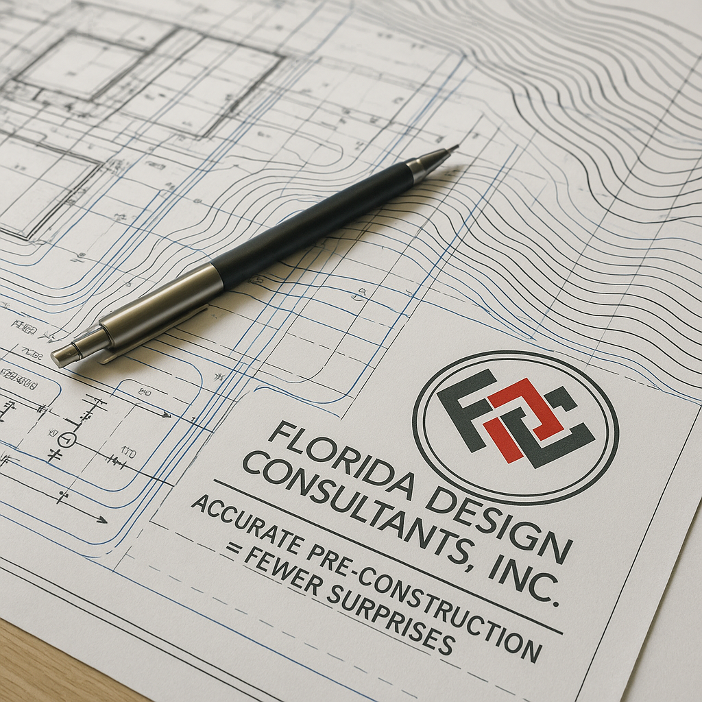 Blueprint with a pen; logo of Florida Design Consultants.