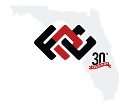 Black and red geometric logo over a faint Florida silhouette with a small “30th anniversary” mark