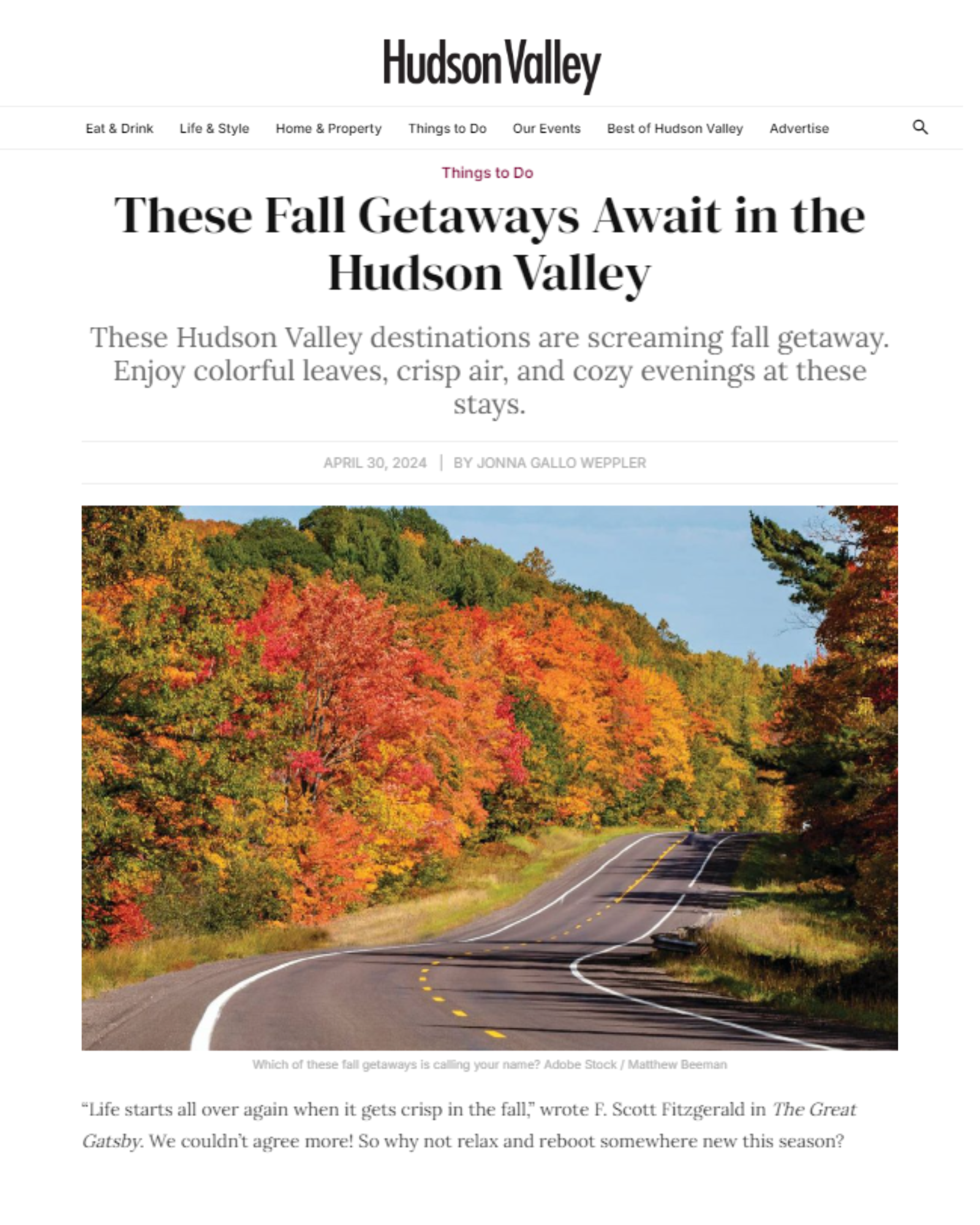 Hudson Valley Magazine, Fall Getaways