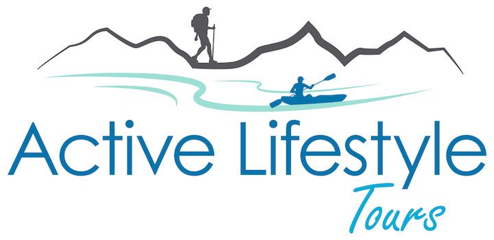 A sketch image of a backpacker hiking down a hill with blue text reading Active Lifestyle Tours