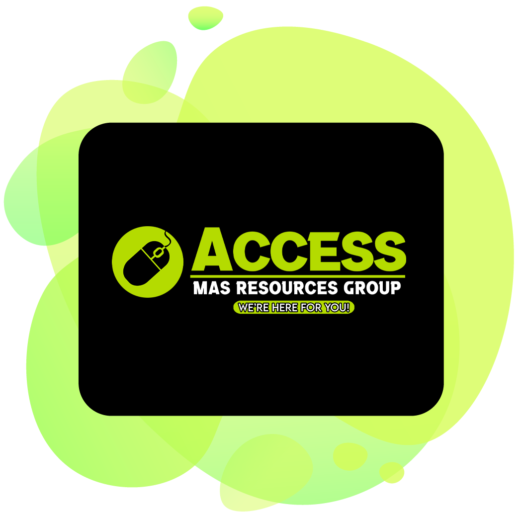 A mouse pad with the access mas resources group logo on it