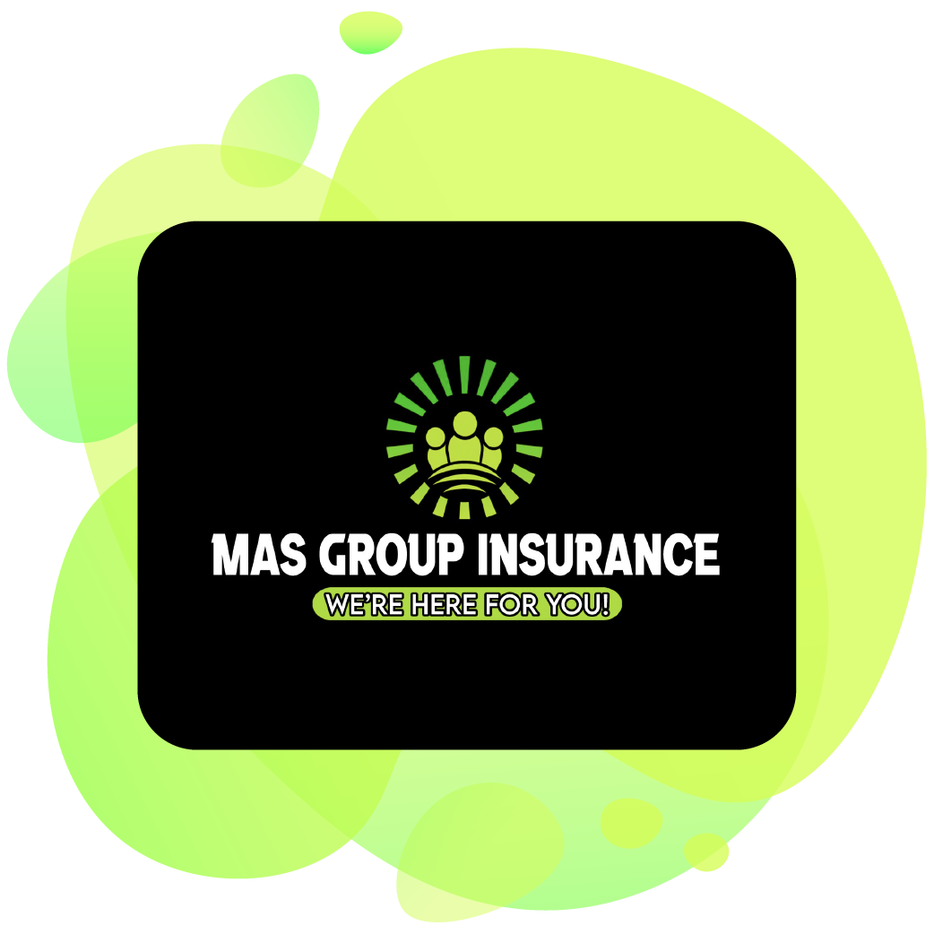 Logo of MAS Group Insurance with lime green gradient organic shapes behind.