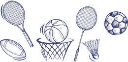 A drawing of a basketball , tennis racket , frisbee , soccer ball , and badminton racket.
