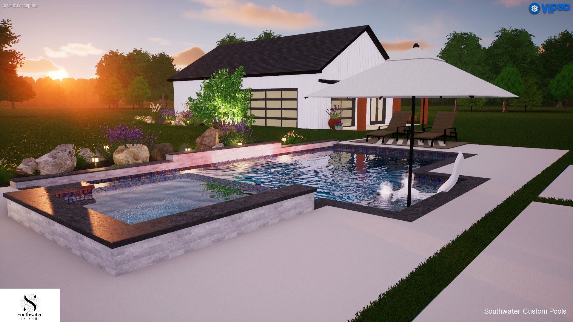 A house with a large swimming pool in front of it