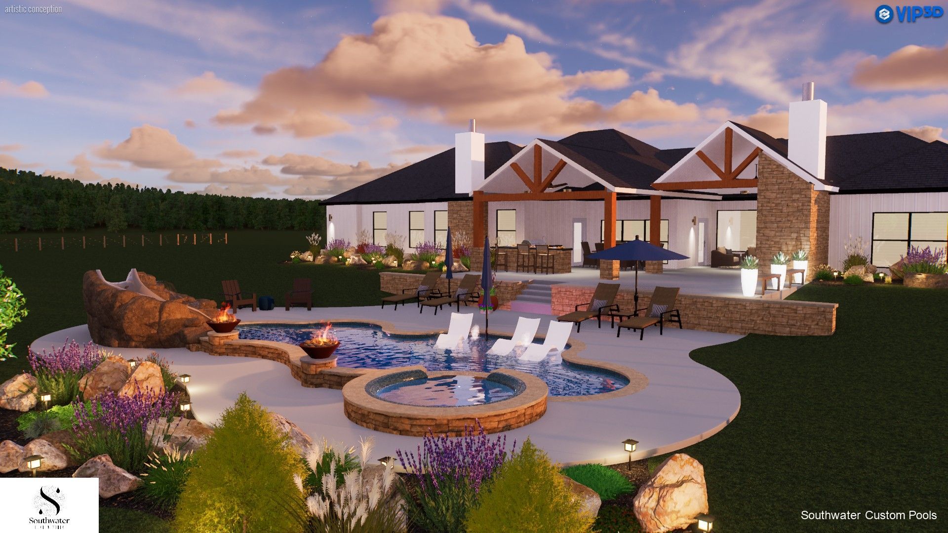 A computer generated image of a house with a swimming pool