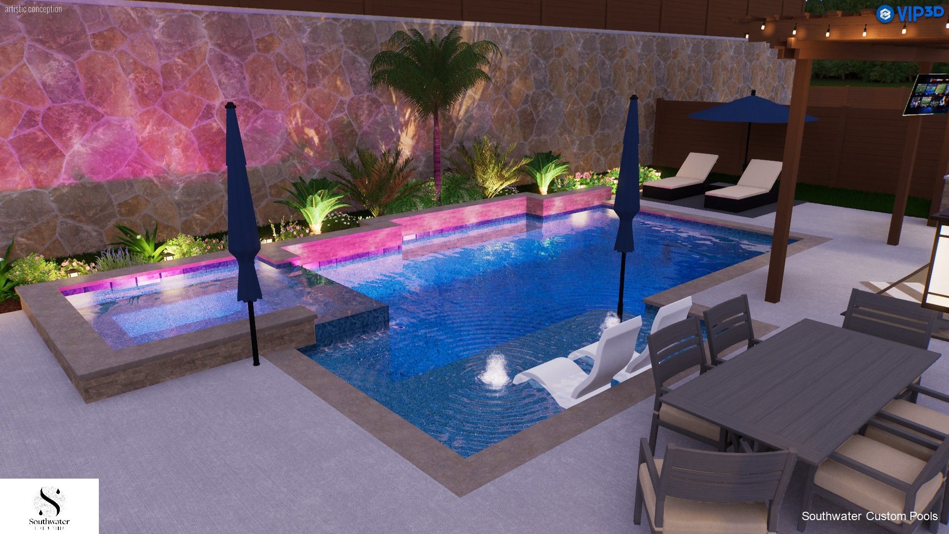 A large swimming pool with umbrellas and chairs around it