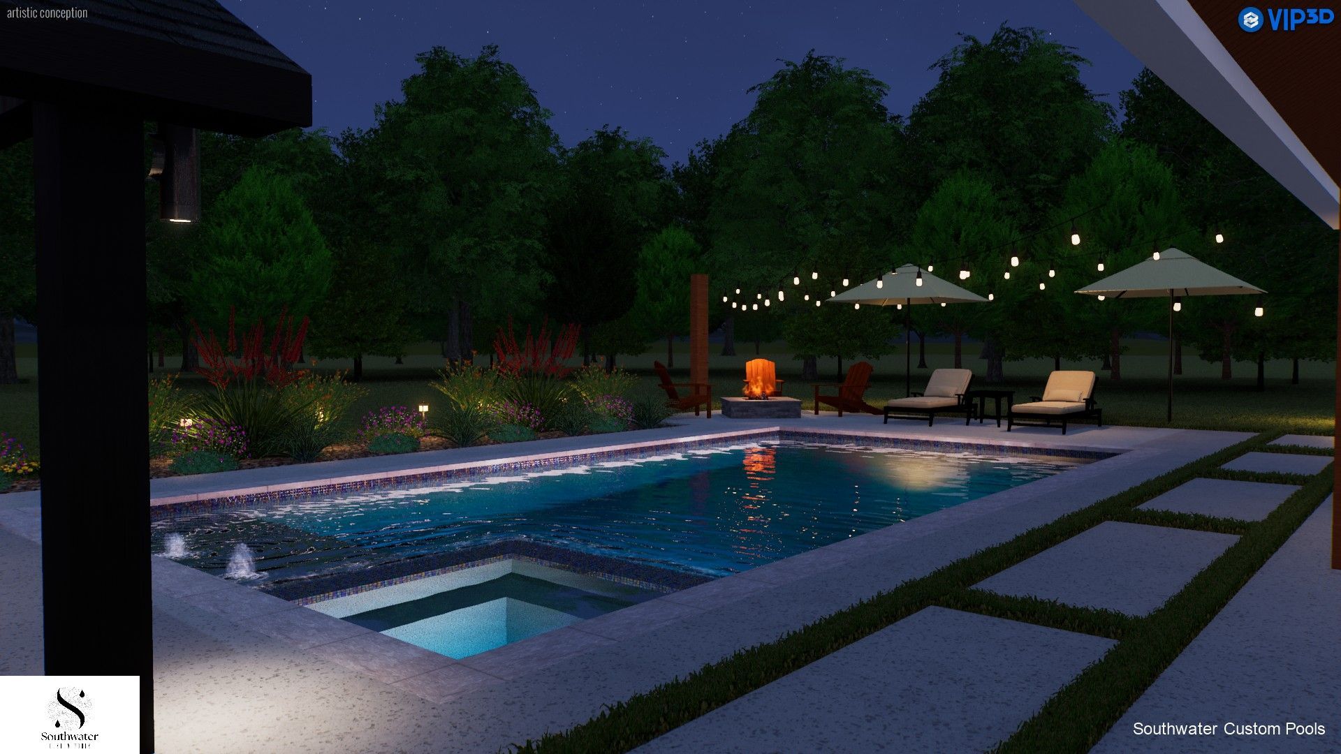 A large swimming pool is lit up at night in a backyard.