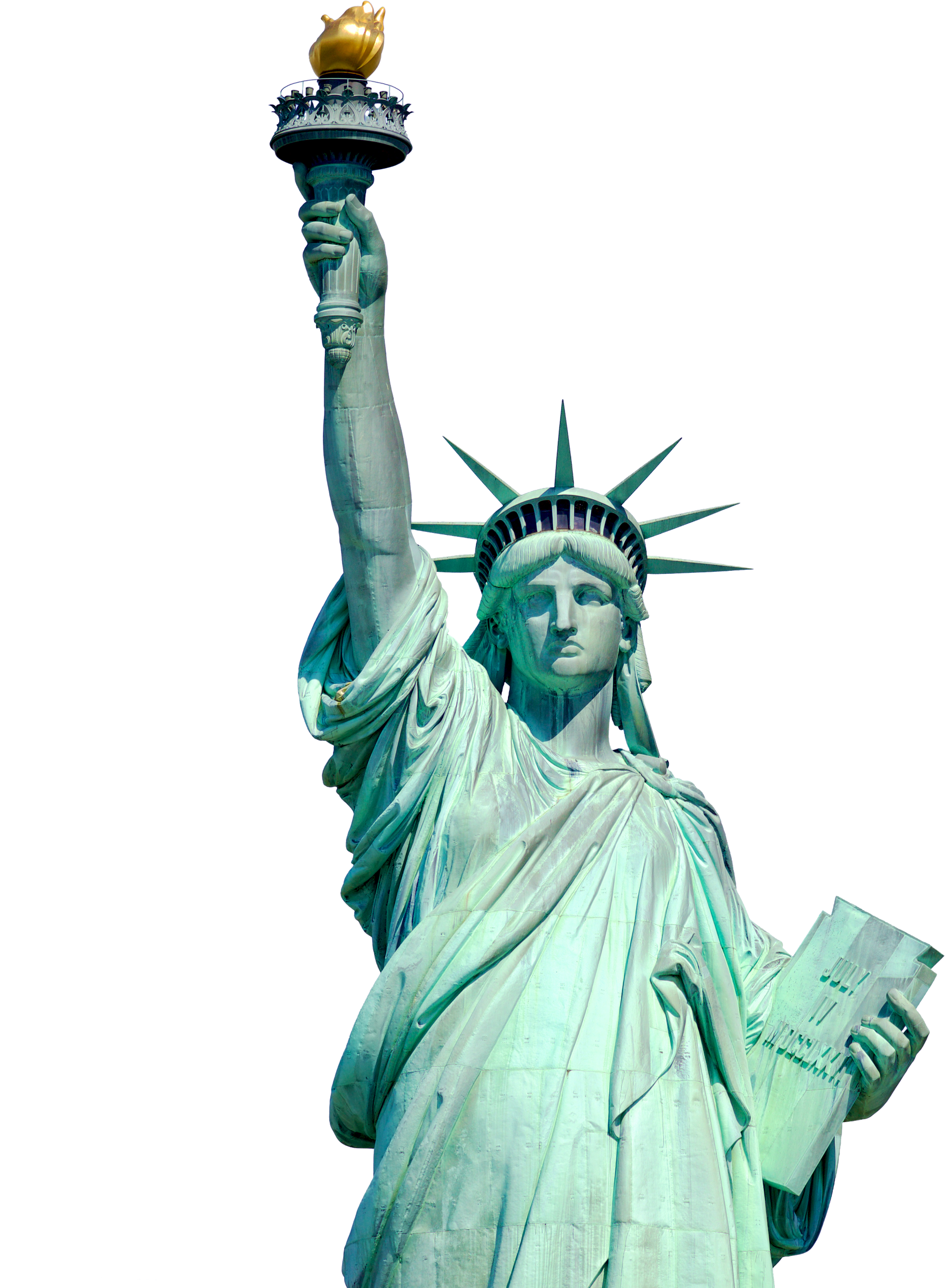 The statue of liberty is holding a torch and a book.