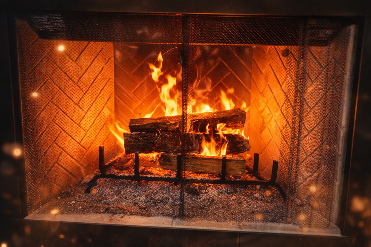 A bright fire burns in a fireplace with a black grate and herringbone-patterned brick walls.