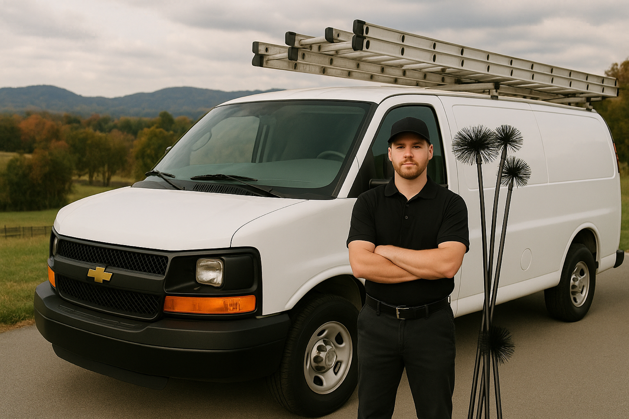 A professional in uniform stands with arms crossed before a white work van with a ladder on top and chimney brushes nearby.