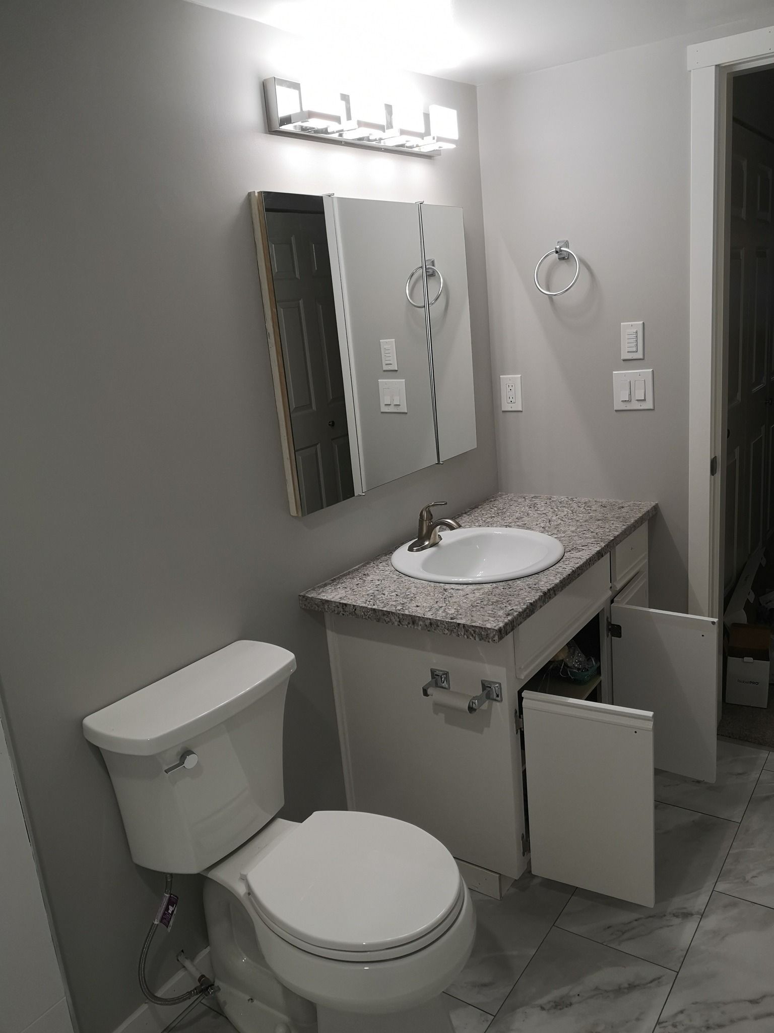 A bathroom with a toilet, a vanity with a white countertop and basin, an open cabinet door, and a wall-mounted mirror.