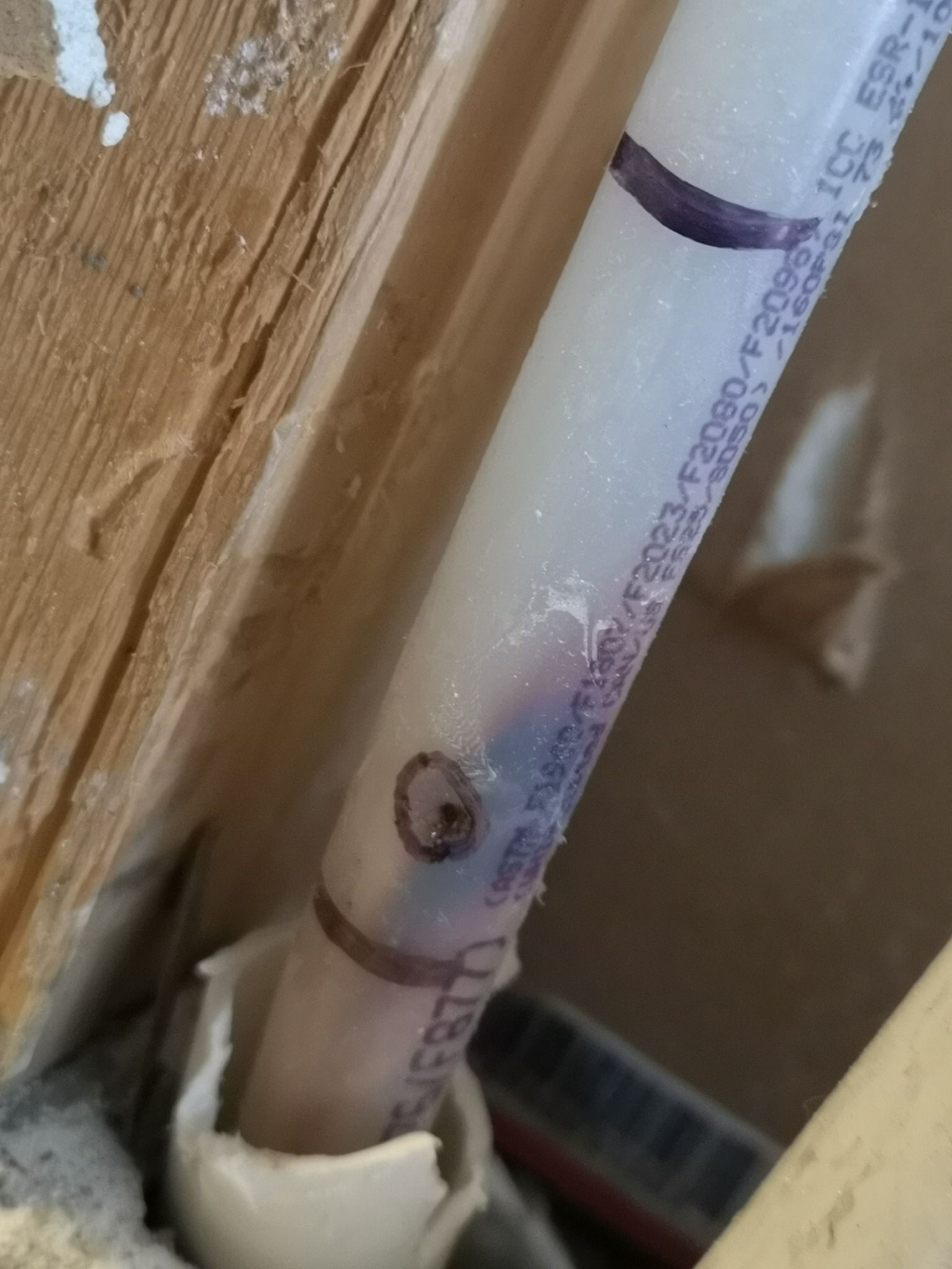 A close-up of a damaged PEX pipe with a small puncture hole, shown inside a wall cavity next to a wooden stud.